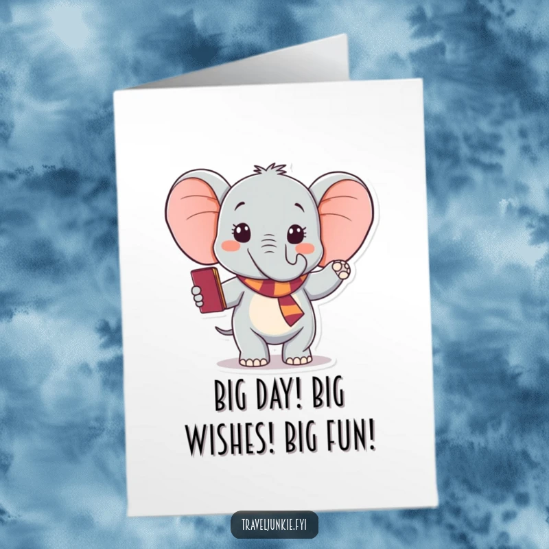 Funny Free Printable Birthday Card: Excited elephant holding passport, waving goodbye, ready for new adventures.