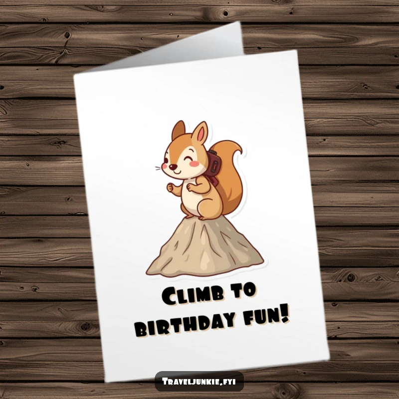 Funny Free Printable Birthday Card: Adventurous squirrel hiking a mountain, a humorous and downloadable birthday greeting.