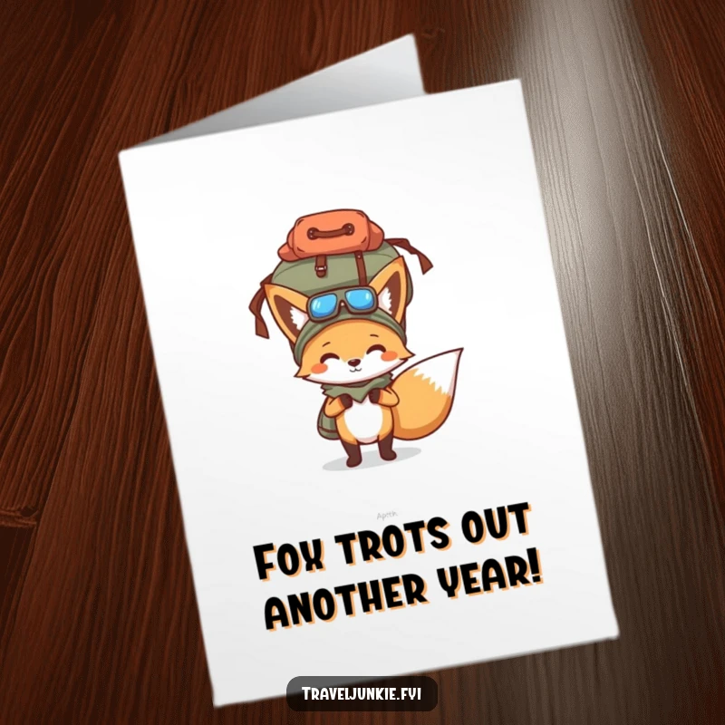 Funny Free Printable Birthday Card: Determined fox balancing a ridiculously overflowing travel bag on its head, ready for adventure.
