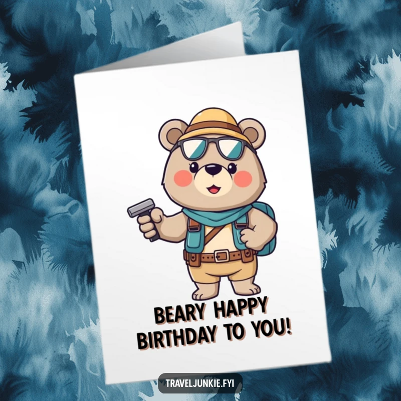 Funny free printable birthday card featuring a brave bear tourist striking a confident pose, ready for adventure.