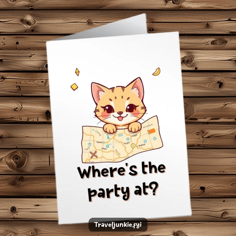 Funny Free Printable Birthday Card: Mischievous cat peeking from behind an old-fashioned world travel map.