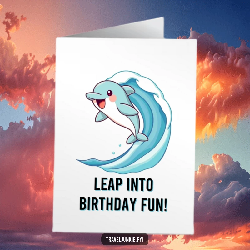 Funny Free Printable Birthday Card: Jubilant dolphin leaping high out of a stylized blue ocean wave.