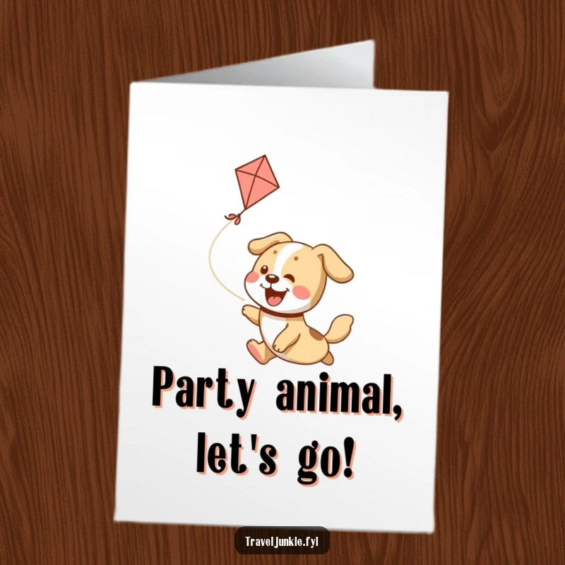 Funny Free Printable Birthday Card: A happy dog leaping with excitement while chasing a colorful kite across a bright blue sky.