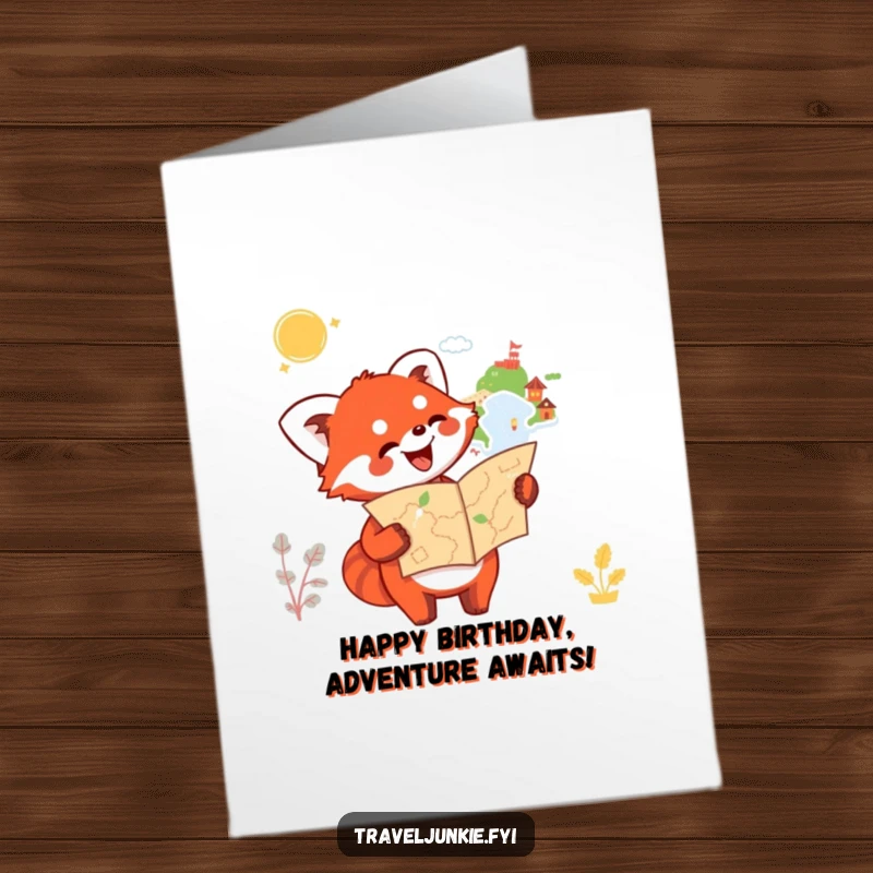Funny free printable birthday card: Happy red panda holds a map, pointing enthusiastically towards an unknown destination for a birthday.