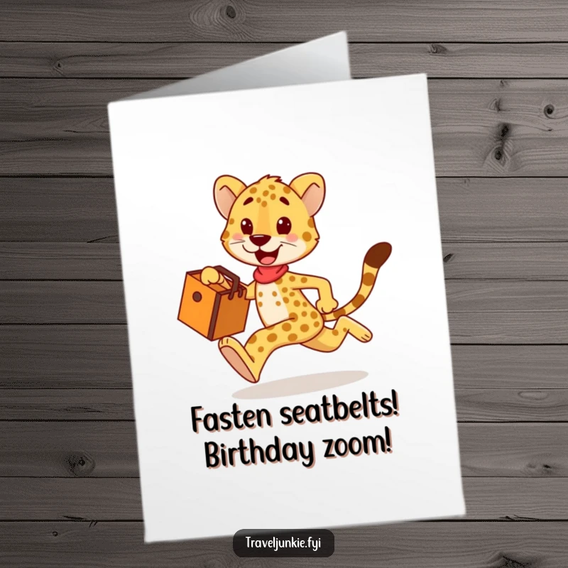 Funny Free Printable Birthday Card: Happy cheetah sprinting with a travel bag, ready for a fast-paced celebration.