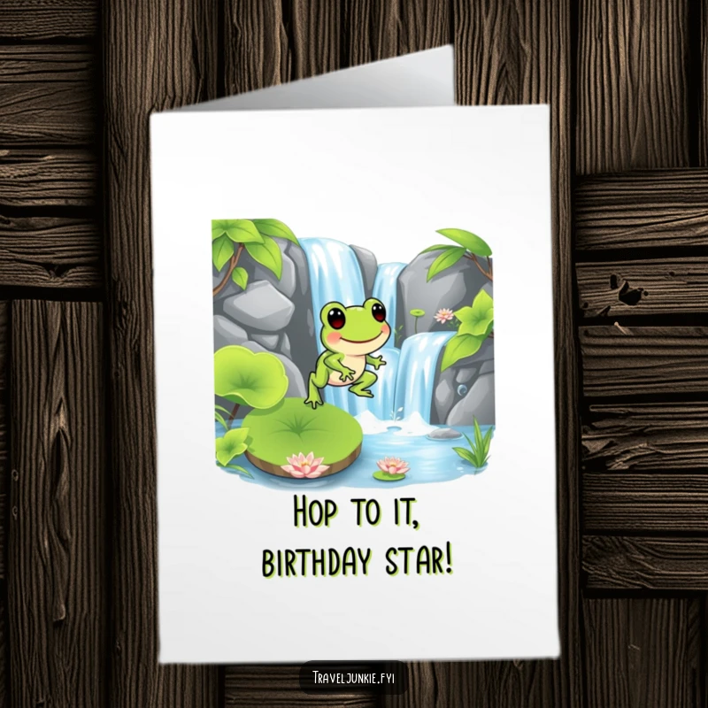 Funny Free Printable Frog Birthday Card: Lively frog hops onto a lily pad near a waterfall, celebrating.