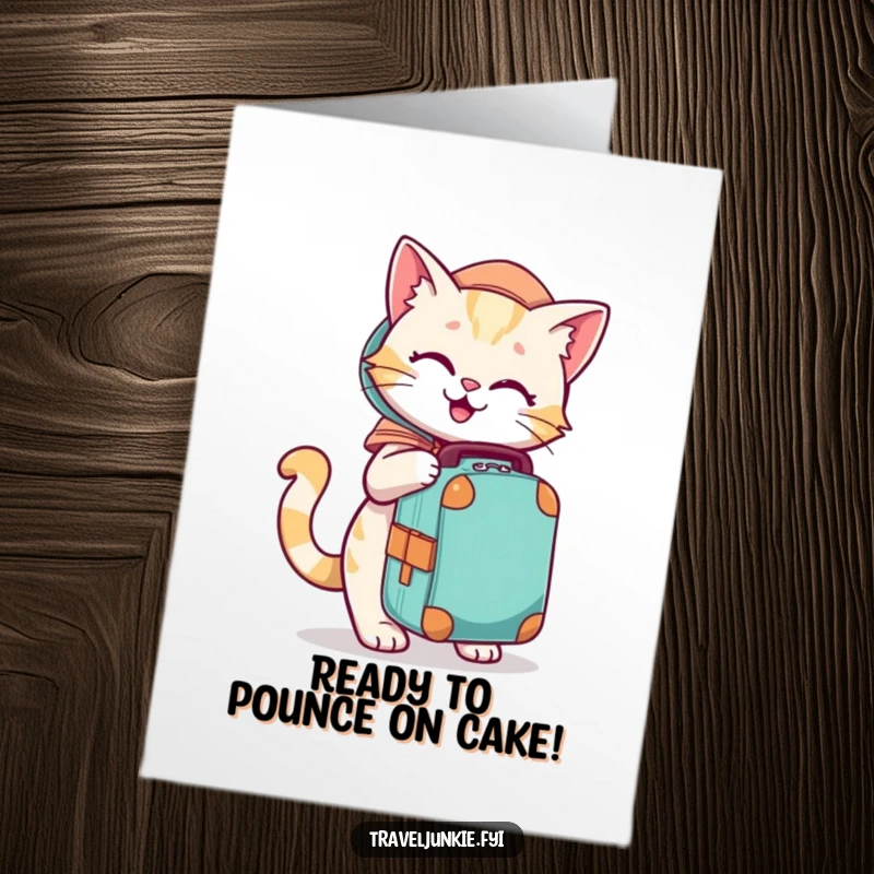 Funny Free Printable Birthday Card: Playful cartoon cat eagerly packing a travel bag, ready for a birthday adventure.