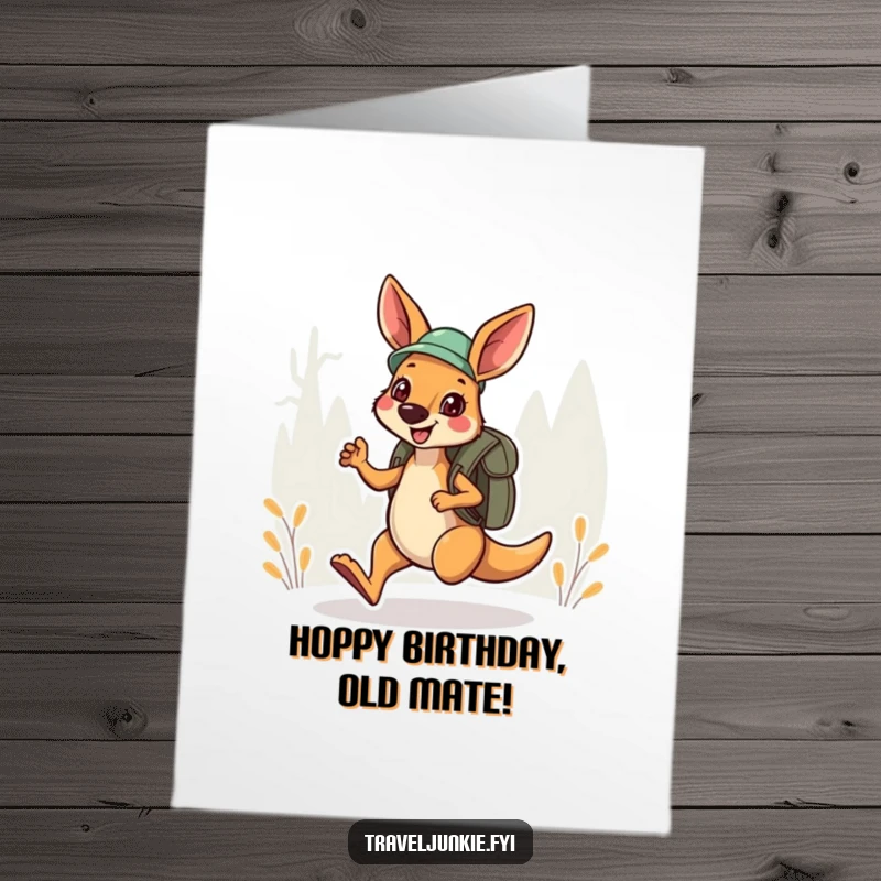 Funny free printable birthday card featuring a cheerful kangaroo explorer hopping energetically with a backpack.