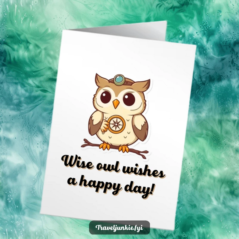 Funny Free Printable Owl Birthday Card, a determined owl uses a compass to find the best birthday wishes, perfect for a downloadable gift.