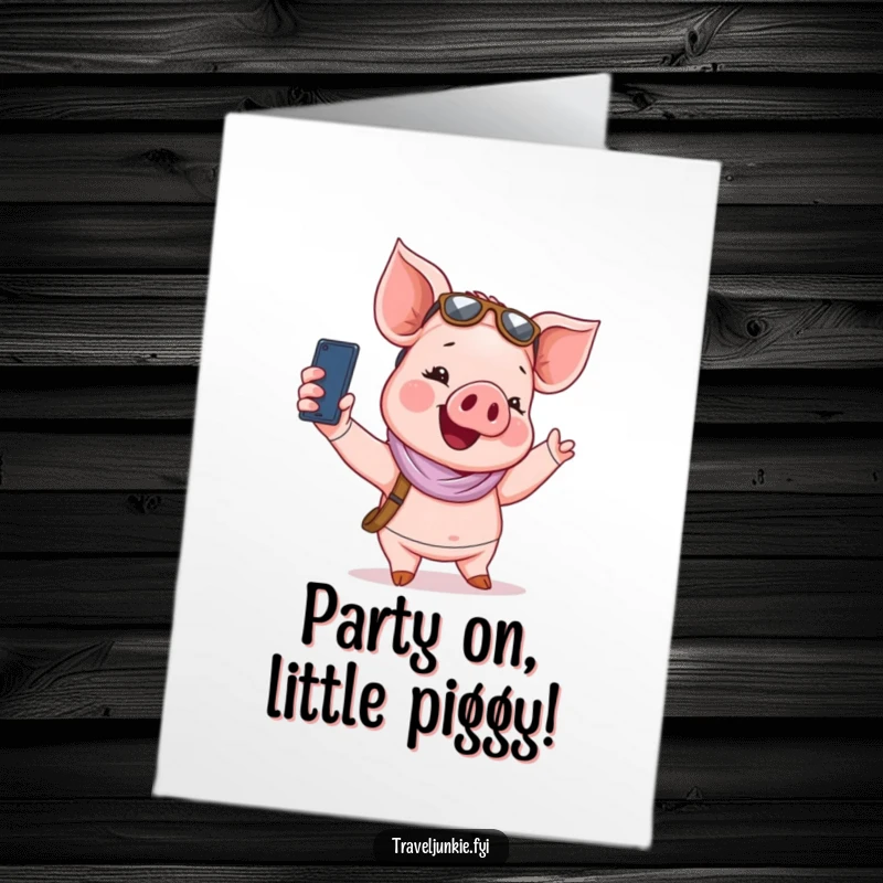 Funny free printable birthday card featuring a giggling piglet tourist happily taking a selfie.