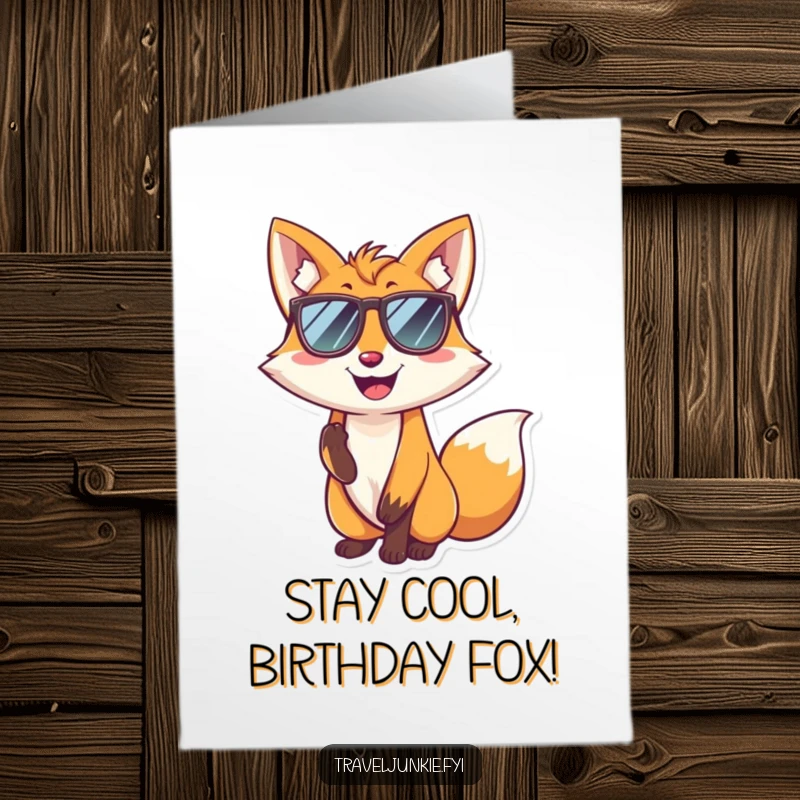 Funny Free Printable Birthday Card: Smiling fox wearing sunglasses, striking a super cool pose for a birthday.