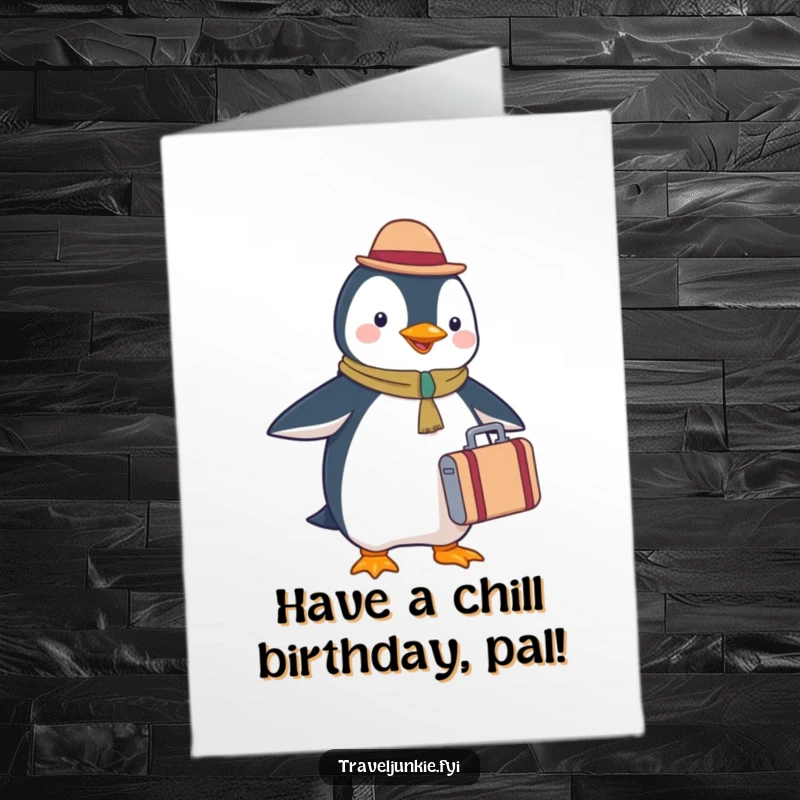 Funny Free Printable birthday card of a happy penguin tourist with a tiny suitcase, ready for a birthday journey, downloadable gift.