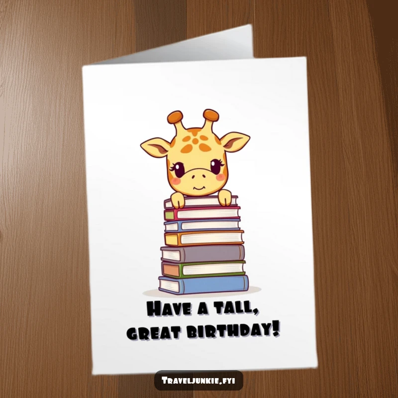 Funny Free Printable Birthday Card: Giraffe peeking over books, a humorous and downloadable birthday greeting.