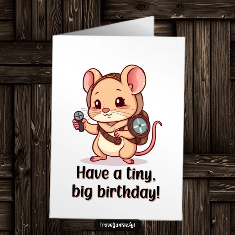 Funny free printable birthday card featuring a little mouse wanderer carefully navigating with a compass.