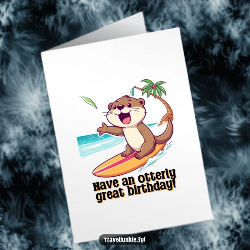 Funny free printable birthday card: Excited otter gleefully surfs a wave towards a tropical shore, celebrating a birthday.