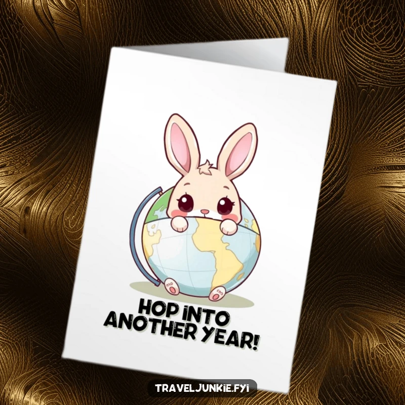 Funny Free Printable Birthday Card: A rabbit curiously peeking from behind a spinning globe, full of birthday wonder.