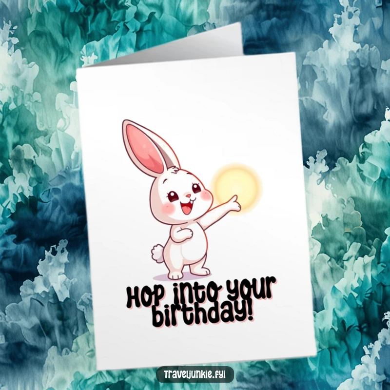 Funny Free Printable Birthday Card showing a smiling bunny excitedly pointing towards a shimmering, distant horizon.