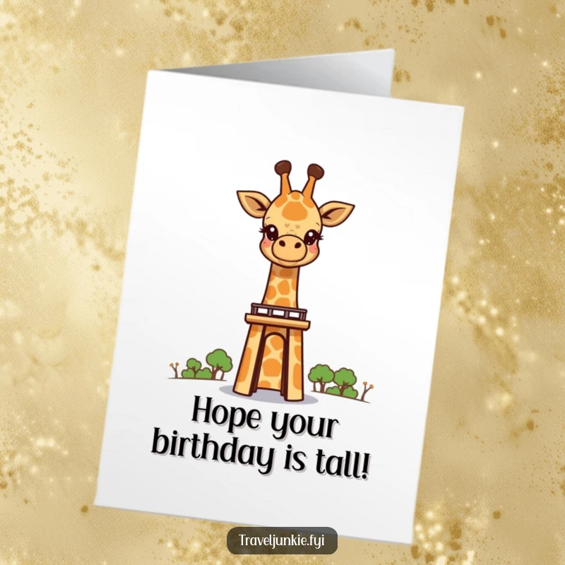 Free Printable Birthday Card: A curious giraffe's head peeks over a very tall landmark, eyes wide with awe and wonder. A unique downloadable greeting.