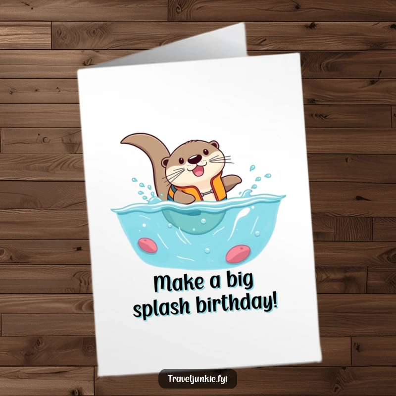 Funny Free Printable Birthday Card: Adventurous otter in life vest comically diving into a tiny ocean, celebrating with a splash.