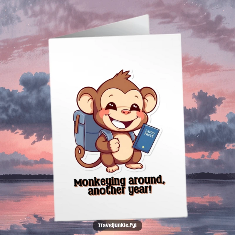 Funny Free Printable Monkey Birthday Card: Cheerful monkey with backpack and passport, ready for adventure, wishing a happy birthday.