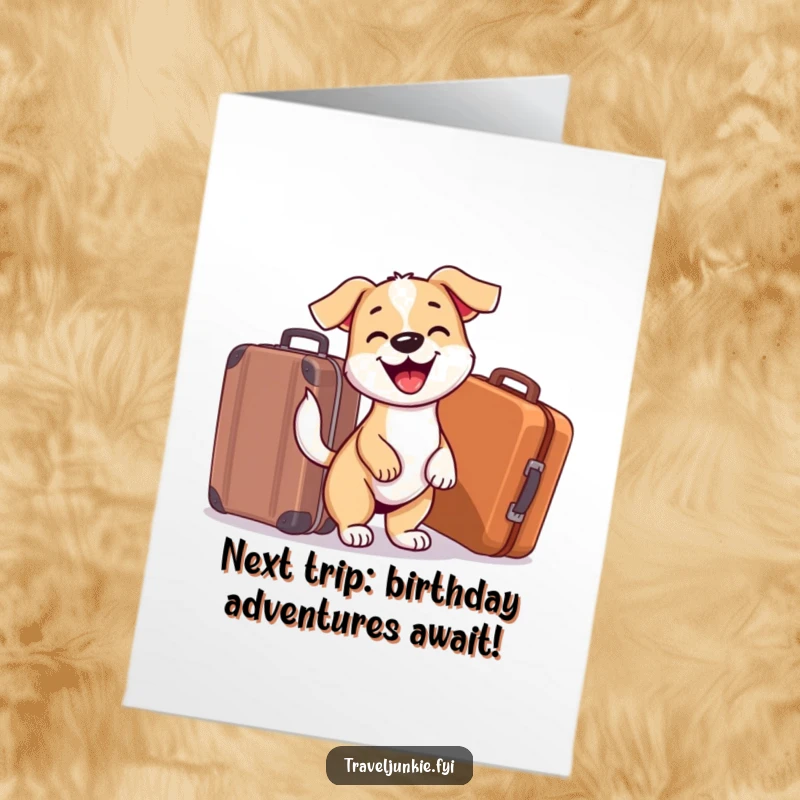 Funny Free Printable Birthday Card: A happy dog wags its tail enthusiastically next to a packed suitcase, ready for adventure.
