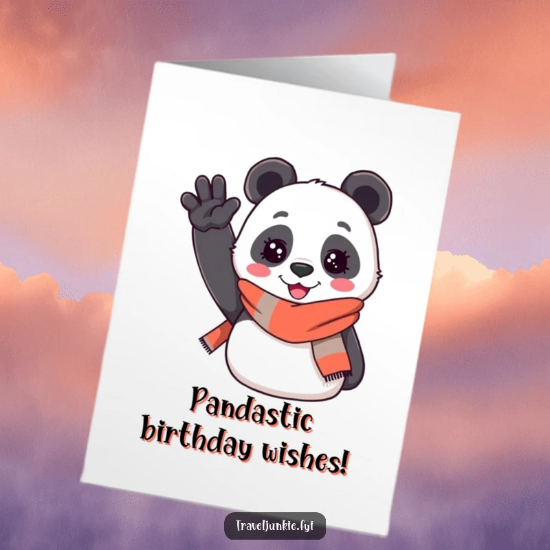 Funny free printable birthday card: a cheerful panda in a travel scarf enthusiastically waves hello.