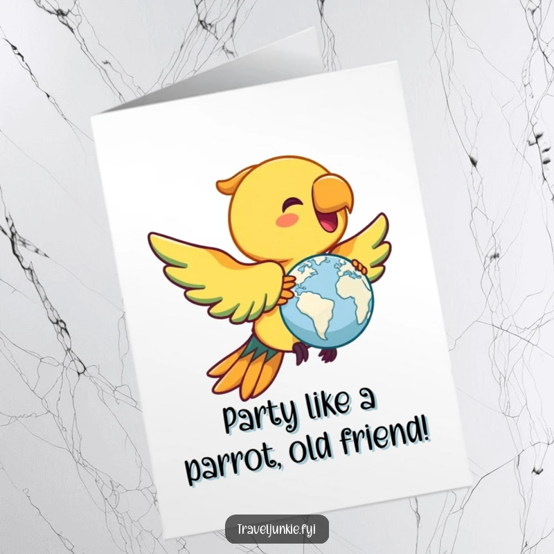 Funny Free Printable Birthday Card: Joyful parrot flying with a miniature globe, celebrating a world of fun.