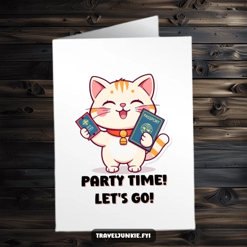 Funny Free Printable birthday card of a playful cat holding a passport and ticket, ready to board an exciting trip.