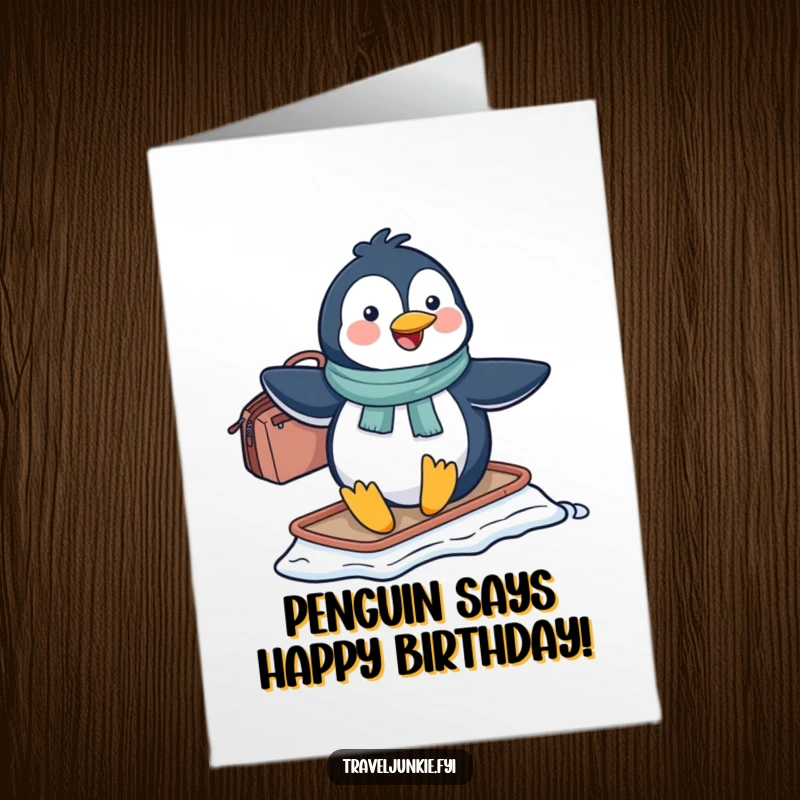 Funny Free Printable Penguin Birthday Card: Penguin with travel bag slides on icy surface, ready for adventure.