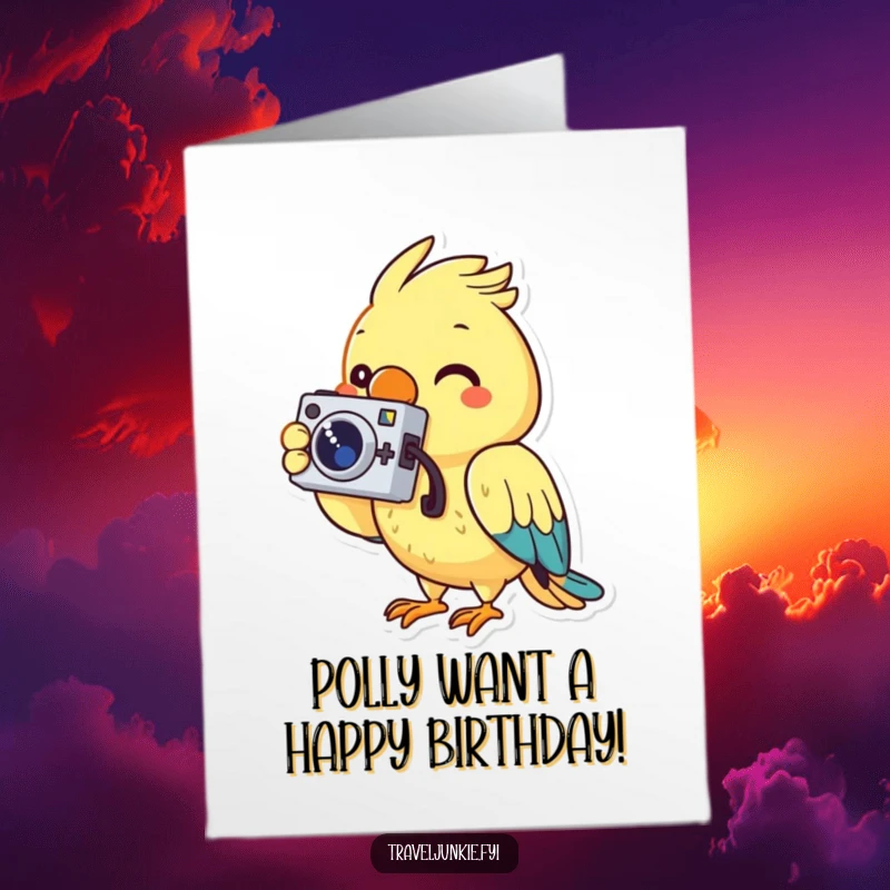 Funny Free Printable Birthday Card shows a cheerful parrot character with a tiny camera, actively taking a photo.