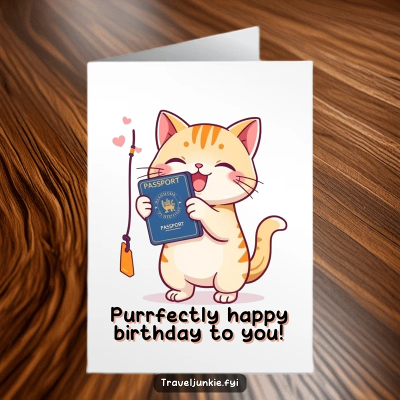 Funny Free Printable Birthday Card: Playful cat with passport batting at a tag, a humorous downloadable gift.