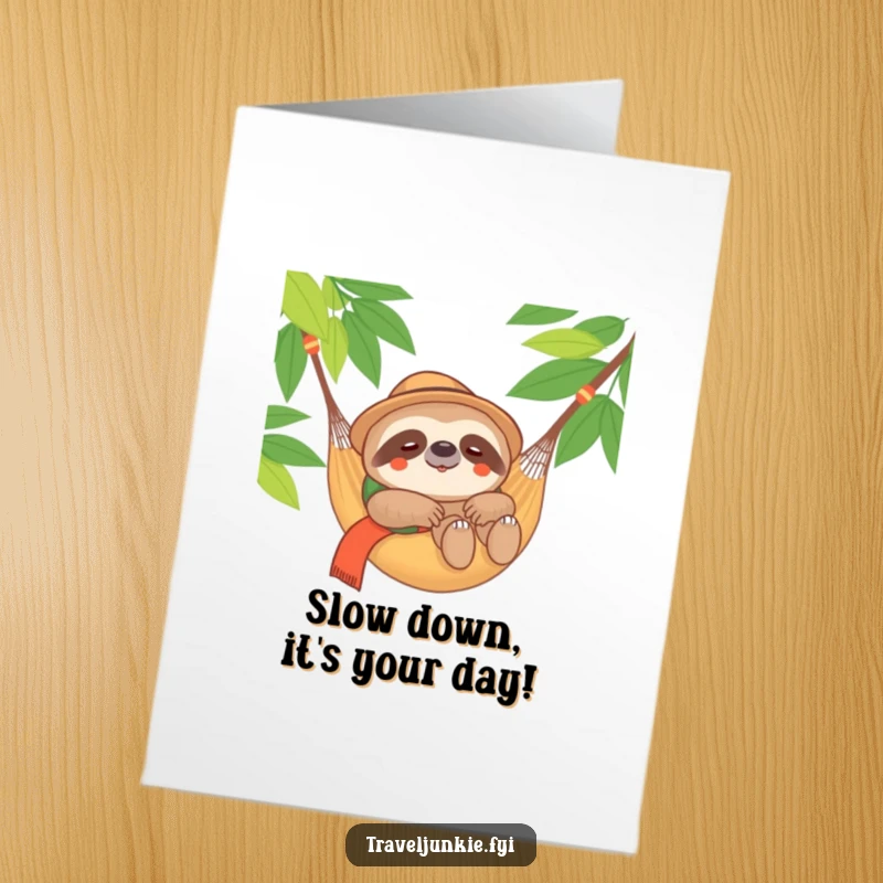 Funny Free Printable Birthday Card: Content sloth traveler relaxing in a hammock. A peaceful and downloadable greeting.
