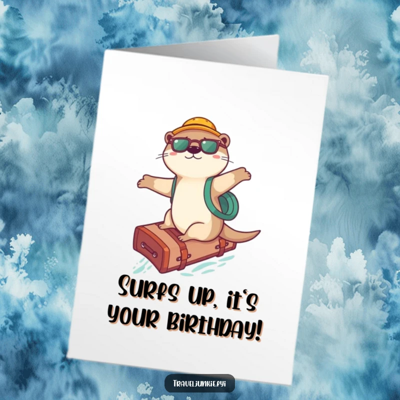 Funny Free Printable Birthday Card: Playful otter adventurer surfing on a suitcase. A quirky and downloadable greeting.