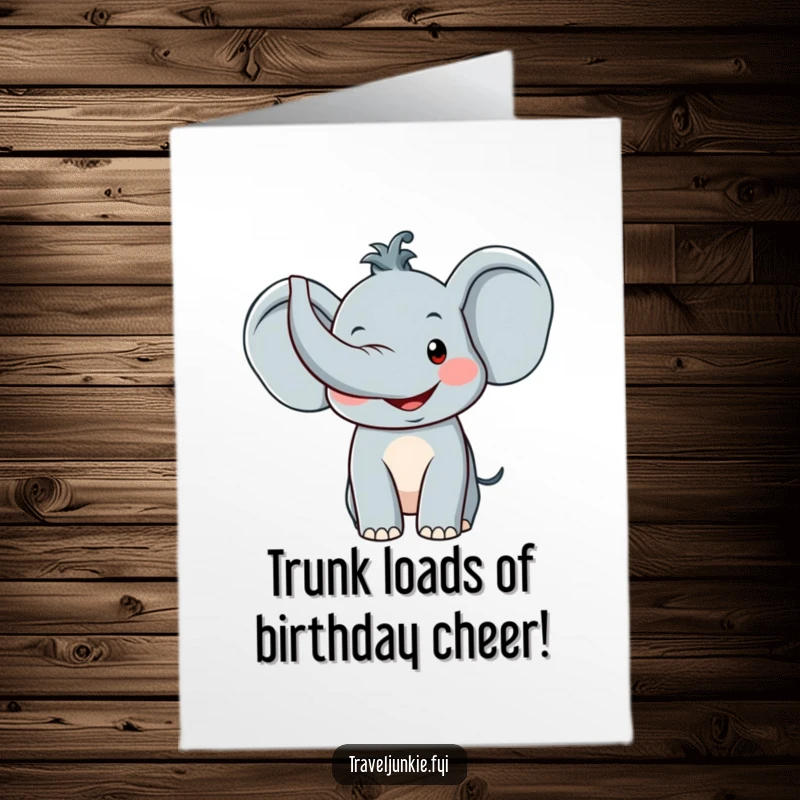 Funny Free Printable Birthday Card featuring a grinning elephant with trunk raised high, ready for a joyful celebration.