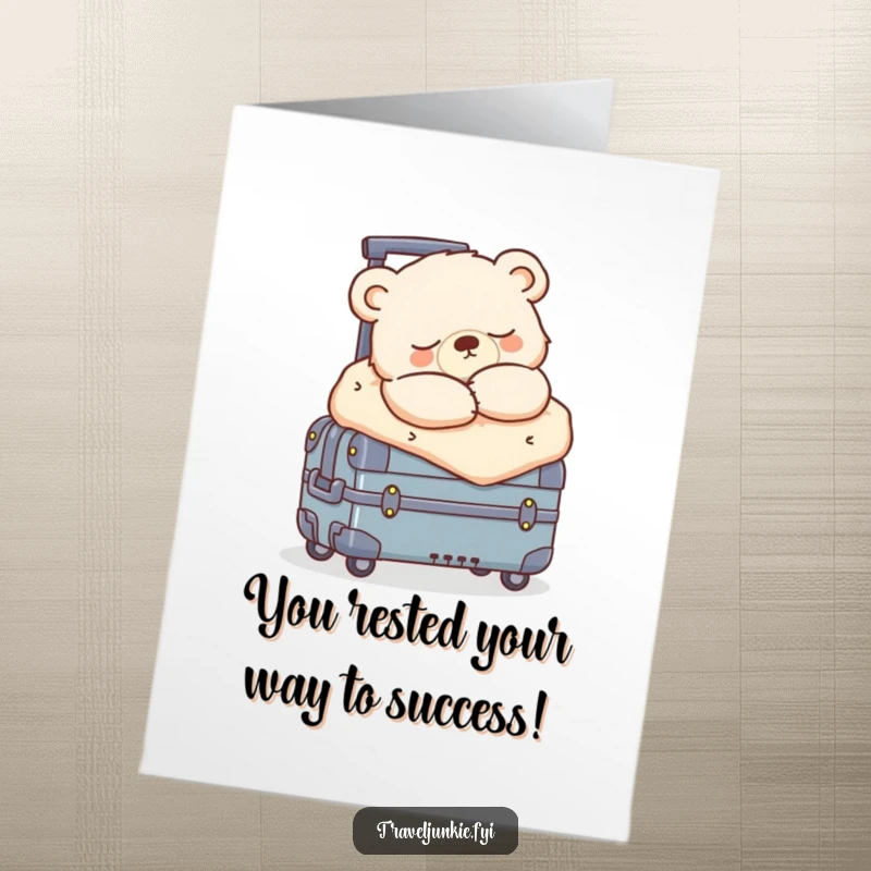 Funny Free Printable Congratulations Card: Sleepy bear cub on suitcase, perfect for celebrating achievements with a cute, humorous touch.