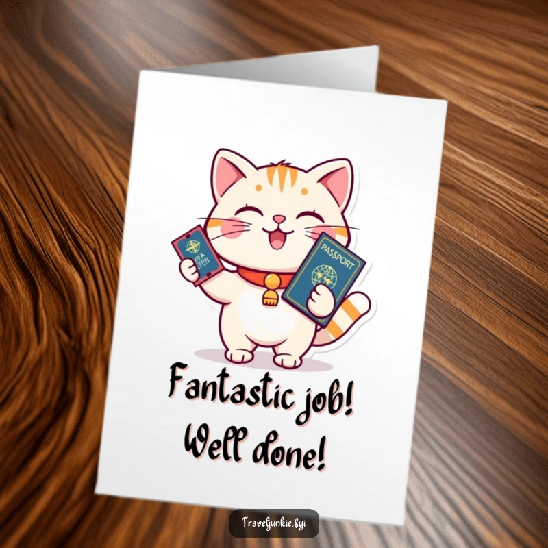 Funny Free Printable congratulations card of a playful cat holding a passport and ticket, ready to board for success.