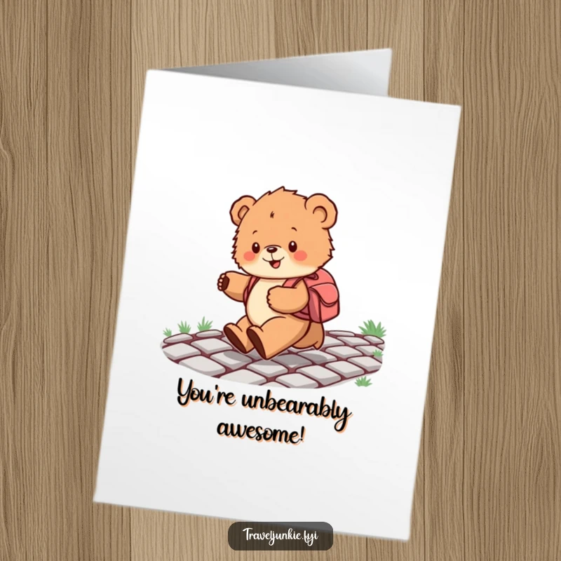 Funny Free Printable Congrats Card featuring a bear cub with a backpack skipping joyfully along a path.