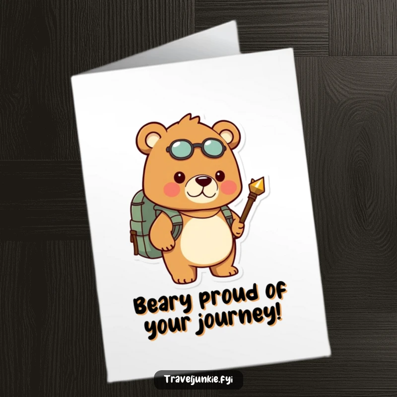 Funny Free Printable Congratulations Card: Determined bear navigates with a compass, celebrating your successful journey.