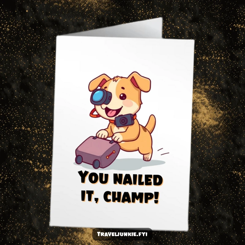 Funny Free Printable Congratulations Card: A dog with a camera snaps a picture as a rolling suitcase speeds by, celebrating success.