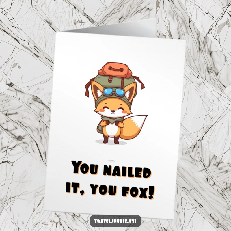 Funny Free Printable Congrats Card: Determined fox with an overflowing travel bag on its head, symbolizing a big achievement.