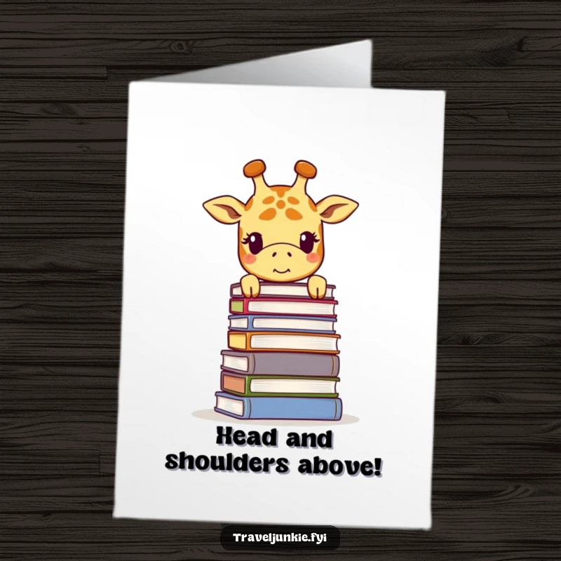 Funny Free Printable Congratulations Card: Giraffe peeking over a stack of books, a witty downloadable congratulations.