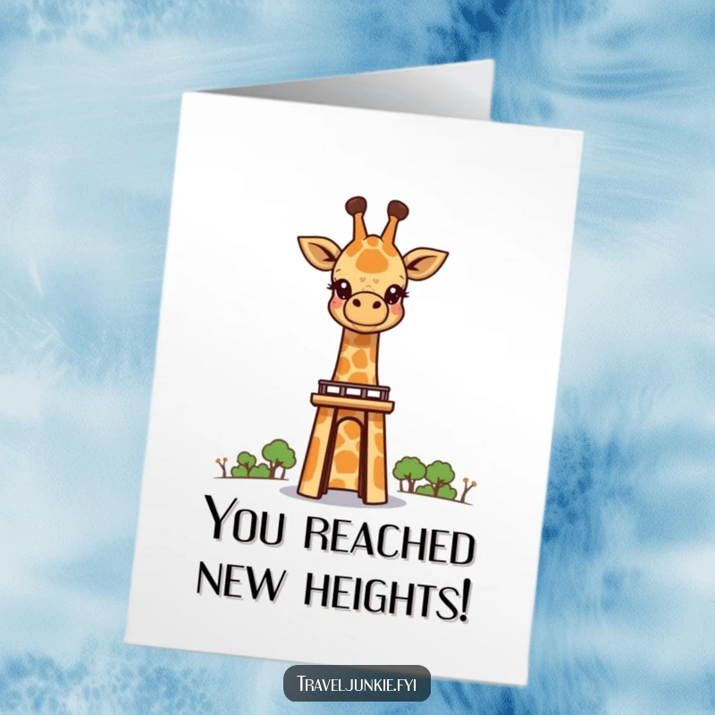 Free Printable Congratulations Card: A curious giraffe peeks its head over a towering landmark, expressing pure awe and amazement. A delightful downloadable card.