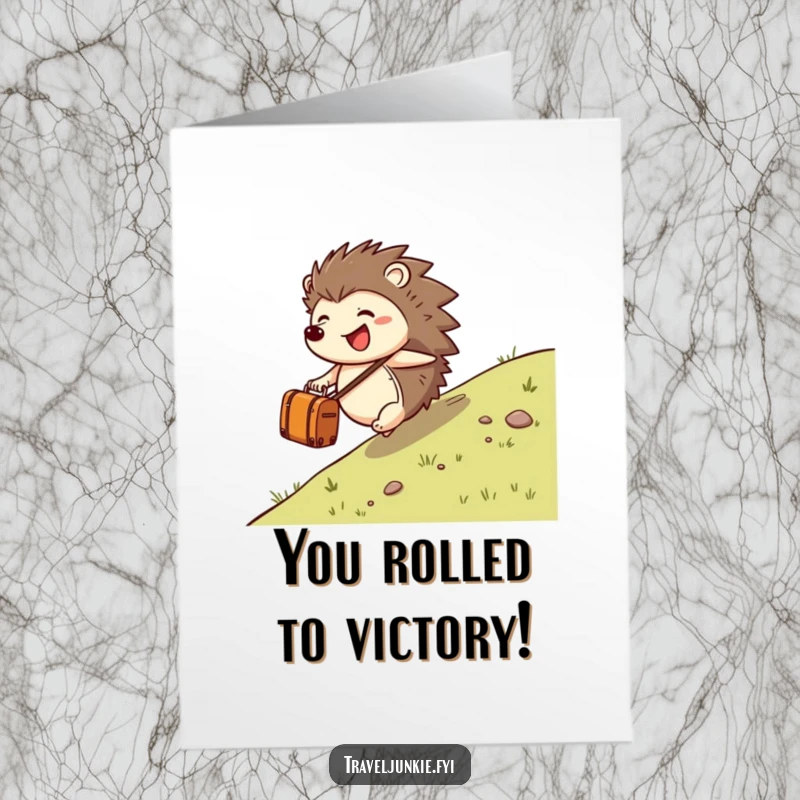 Free Printable Congratulations Card: A joyful hedgehog rolls down a hill with a suitcase, signifying a happy start to a new endeavor. A celebratory download.