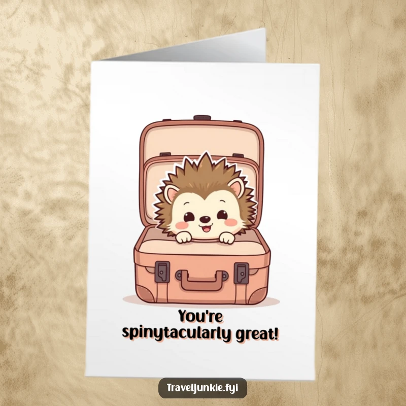 Funny Free Printable Congrats Card featuring a curious hedgehog peering into an open suitcase, ready for adventure.