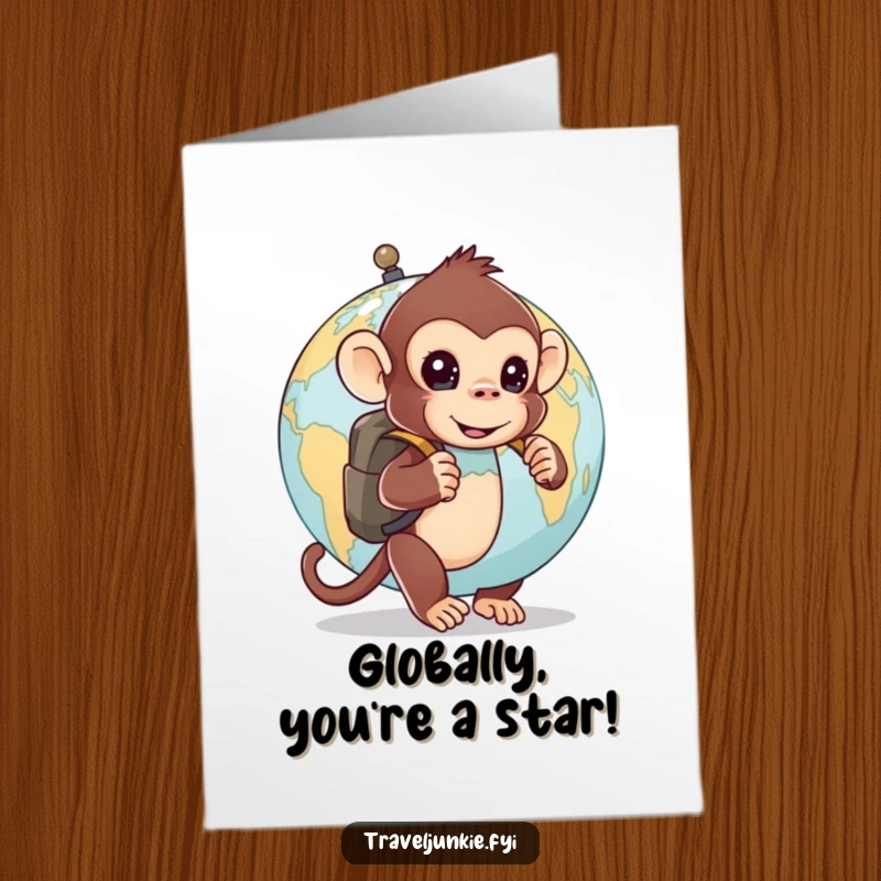Funny free printable congratulations card: a curious monkey with a backpack peeks out from behind a globe.