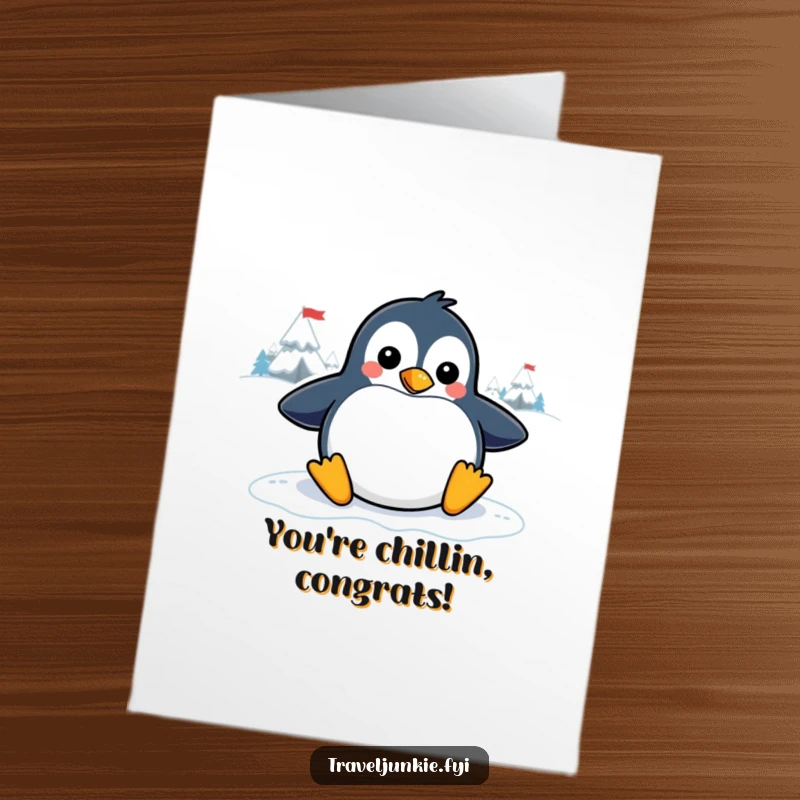 Funny Free Printable Congrats Card: Cheerful penguin sliding gleefully across a vast icy landscape.