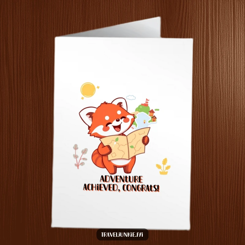 Funny free printable congratulations card: Happy red panda holds a map, enthusiastically pointing towards a new destination.