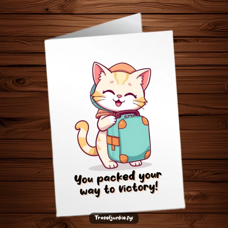 Funny Free Printable Congratulations Card: Playful cartoon cat eagerly packing a travel bag, celebrating a new venture.