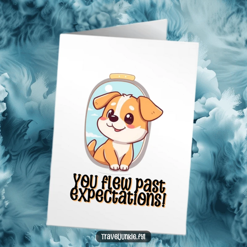 Funny Free Printable Congratulations Card: A curious dog looks out an airplane window, symbolizing a successful new journey.