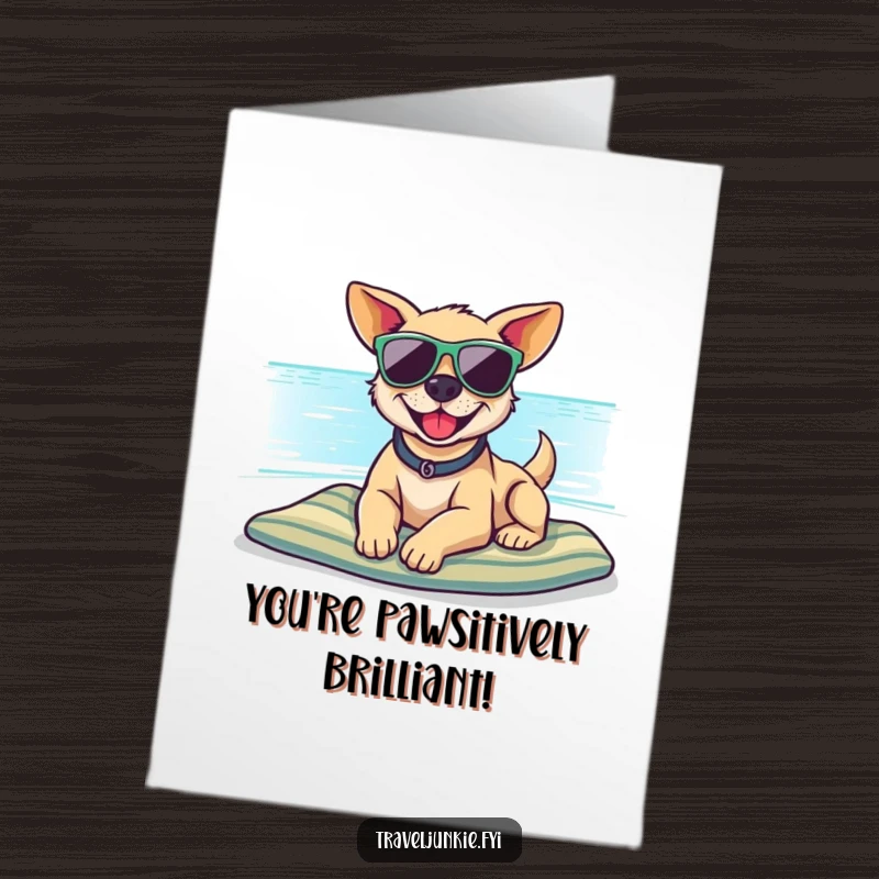 Funny Free Printable Congratulations Card: Smiling dog in sunglasses relaxing on a beach, celebrating victory.
